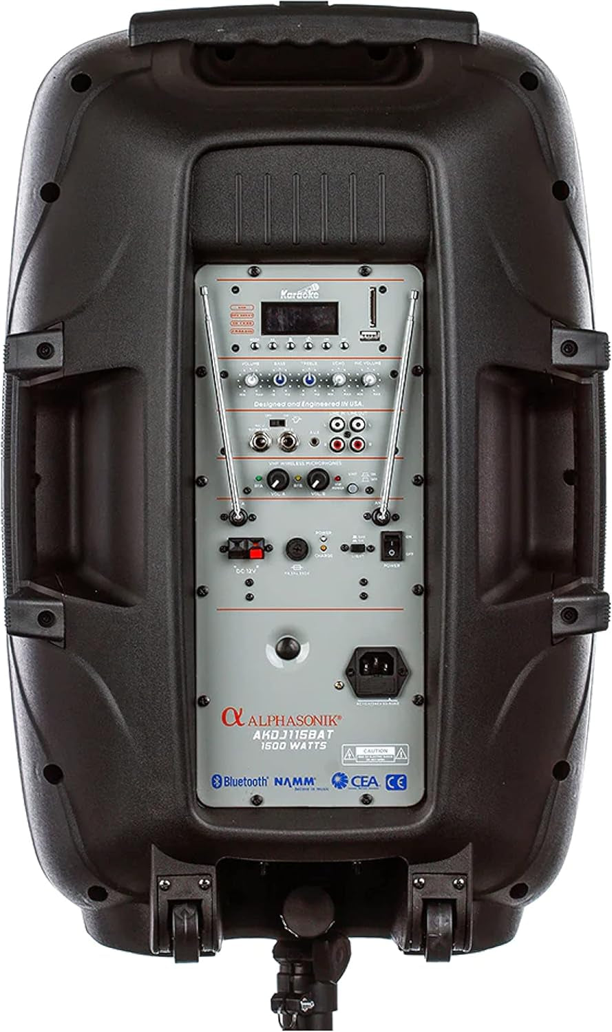 15" Portable Rechargeable Battery Powered 1500W PRO DJ Amplified Loud Speaker with 2 Wireless Microphones Echo Bluetooth USB SD Card AUX MP3 FM Radio PA System LED Ring Karaoke Tripod Stand