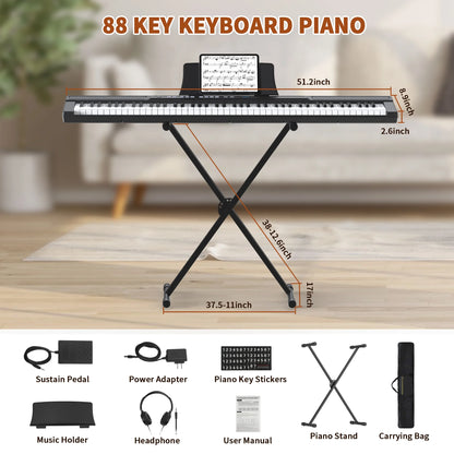 88 Key Digital Piano Keyboard with Stand Full-Size Semi-Weighted Electric Piano with Sustain Pedal, Music Rest, Black