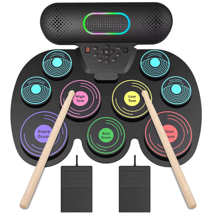 Electronic Drum Set for Kids Adults,9 Pads Portable MIDI Roll-Up Drum Kit with Dual Speakers/Headset Jack/Drumsticks/Foot Pedals