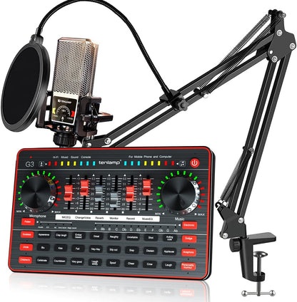 Audio Mixer with Sound Card,  Portable Podcast Equipment Bundle with XLR to 3.5Mm Studio Microphone, Audio Interface Sound Board Voice Changer for PC Recording Gaming Live Streaming Podcast