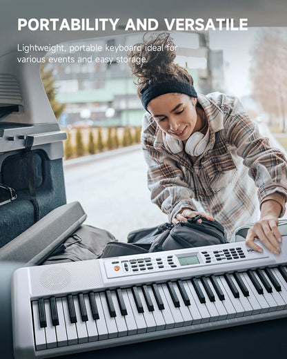 DEK-200 61 Key Piano Full-Size Electronic Keyboard Set, Dual Keyboard, Auto Accompaniment, Metronome, Record, Includes 300 Tones and Rhythms, with Stand, Bench, Microphone, White